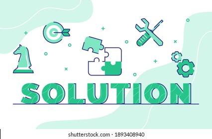 solution typography word art background of icon chess dart puzzle wrench screwdriver gear with outline style