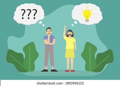 Solution vector concept: Young man feeling confused while young woman getting idea with light bulb over her head