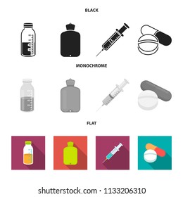 Solution, warmer, syringe, pills.Medicine set collection icons in black, flat, monochrome style vector symbol stock illustration web.