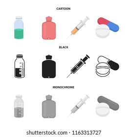 Solution, warmer, syringe, pills.Medicine set collection icons in cartoon,black,monochrome style vector symbol stock illustration web.