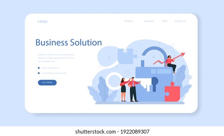 Solution web banner or landing page. Solving the problem and finding creative solution. Business people meeting the challenge in a teamwork. Flat vector illustration