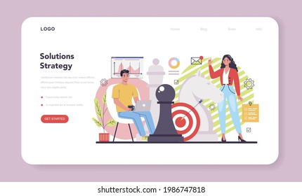 Solution web banner or landing page. Solving the problem and finding creative solution. Business people meeting the challenge in a teamwork. Flat vector illustration