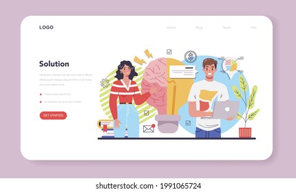 Solution web banner or landing page. Solving the problem and finding creative solution. Business people meeting the challenge in a teamwork. Flat vector illustration