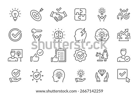Solution web icons in line style. Options, alternative, success, result, resolve, team, collection. Vector illustration.