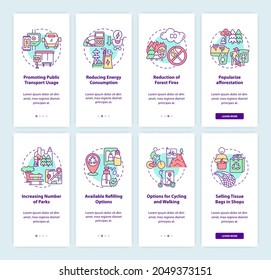 Solutions to air pollution onboarding mobile app page screen set. Achieve clean air walkthrough 4 steps graphic instructions with concepts. UI, UX, GUI vector template with linear color illustrations