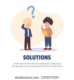 Solutions banner or card template with children have smart idea, flat vector illustration isolated on white background. Education and logical thinking development.