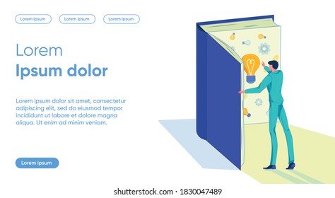 Solutions Book Flat Landing Page Vector Template. Study, Education, Self Development, Knowledge Metaphor. Businessman Opening Book with Lightbulbs Faceless Character. Idea Search Homepage Layout