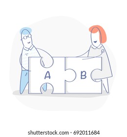 Solutions concept, compatibility, compound, teamwork. Cute cartoon people assemble puzzle pieces, solving problem illustration. Flat line style, ui element for web and mobile design. 