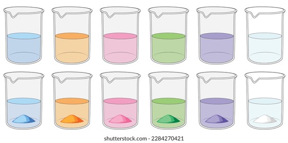 soluciones con colores diferentes en beakers, soluciones supersaturadas con precipitados