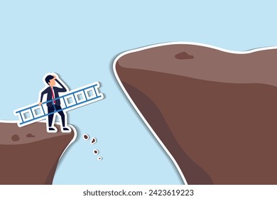 Solutions drive business growth, motivating improvement and bravery to overcome obstacles concept, confidence businessman holding ladder about to climb cross to higher cliff.