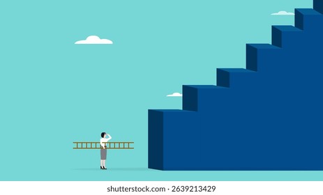 solutions to face the first steps that feel difficult, Smart businesswoman uses stairs to climb very large rung concept vector illustration