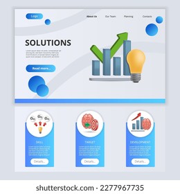 Lösungen flache Landing Page Website Vorlage. Geschick, Ziel, Entwicklung. Webbanner mit Header, Inhalt und Fußzeile. Vektorgrafik.