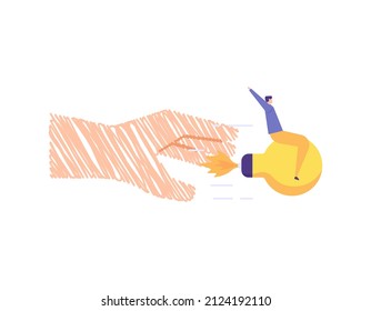 solutions and ideas. innovation and creativity to solve problems. run away from the problem. illustration of person running away from hand using light bulb. flat cartoon. concept design. element