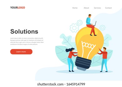 Solutions landing page website. Business people with a big light bulb. Flat vector illustration