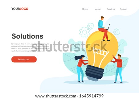 Solutions landing page website. Business people with a big light bulb. Flat vector illustration