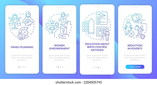 Solutions to overpopulation blue gradient onboarding mobile app screen. Walkthrough 4 steps graphic instructions with linear concepts. UI, UX, GUI template. Myriad Pro-Bold, Regular fonts used