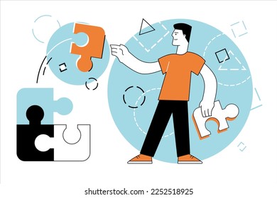 Solutions and problem solving. Best way to solve problems, make good decision. Vector illustration of a man collecting puzzle pieces. Idea for a web page, website and mobile phone.