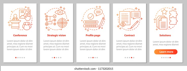 Solutions searching onboarding mobile app page screen with linear concepts. Conference, strategic vision, profile page, contract steps instructions. UX, UI, GUI vector template with illustrations