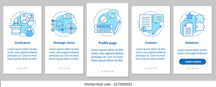 Solutions searching onboarding mobile app page screen with linear concepts. Conference, strategic vision, profile page, contract steps instructions. UX, UI, GUI vector template with illustrations