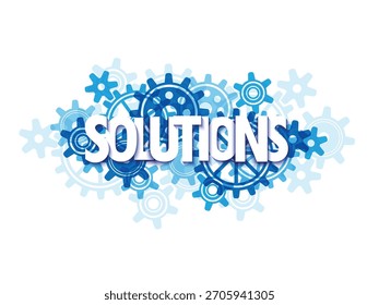 Banner da tipografia vetorial de SOLUTIONS no fundo das engrenagens interligadas