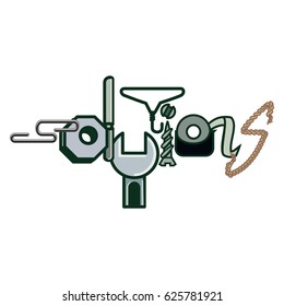 Solutions, the word written with objects related to it.