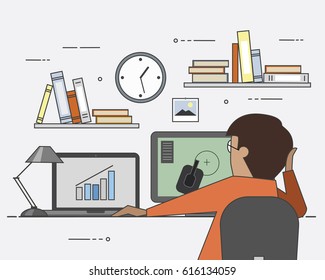 IT solutions. Work and game. Charts and diagrams. Profit. Happy user.