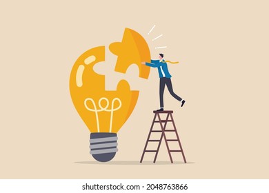 Solve business problem with creativity, finishing or complete brilliant idea, work solution or business idea concept, smart businessman assemble last piece of jigsaw to complete lightbulb idea puzzle.