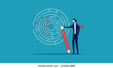 Solve business problems. Businessman drawing lines to solve a maze