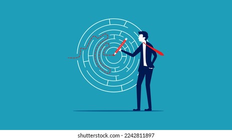 Solve business problems. Businessman drawing lines to solve a maze 