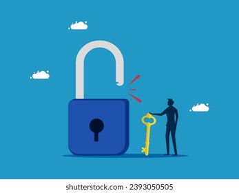 Solve business problems. Businessman holds key to unlock pad