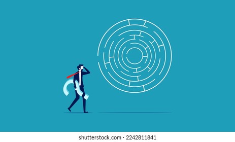 Resolver problemas de negocios. Empresario pensando en resolver un laberinto