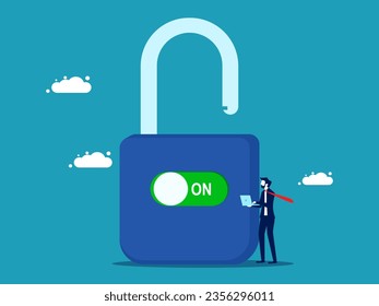 Solve business problems. Businessman turns on switch to unlock pad 