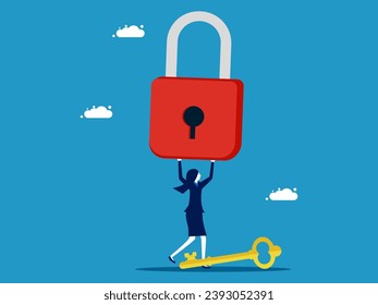 Solve business problems. Businesswoman holding a big key