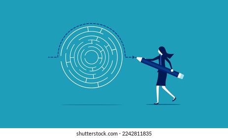 Solve business problems by crossing over problems. Avoidance of the route. Businesswoman drawing a line to solve a maze problem
