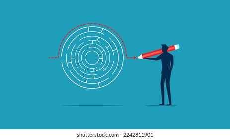 Solucionar problemas de negocios cruzando problemas. Evitar la ruta. Empresario dibujando una línea para resolver el problema del laberinto