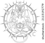 Solve Coagula - Latin words means "dissolve and coagulate" Sphynx cat in baphomet appearance with nature elements symbols. Vector outline isolated