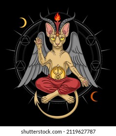 Solve Coagula - Latin words means "dissolve and coagulate". Sphynx cat in baphomet appearance. Occult vector illustration