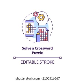 Solve crossword puzzle concept icon. Morning exercises for brain abstract idea thin line illustration. Isolated outline drawing. Editable stroke. Roboto-Medium, Myriad Pro-Bold fonts used