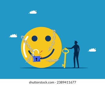 Solve emotional problems. Businessman uses key to unlock positive emotions from chain