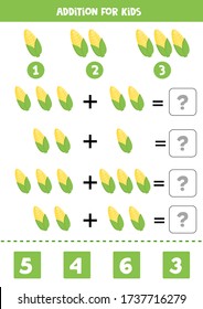 Solve the equations. Addition for kids with cartoon corns. Educational math game for children. Elementary math tasks.