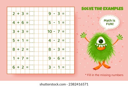 Solve the examples. Addition and subtraction up to 10. Mathematical puzzle game. Worksheet for preschool kids. Vector illustration. Cartoon educational game with cute monster for children.