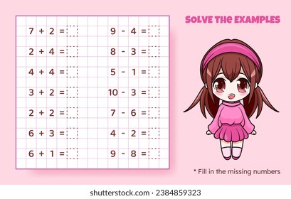 Solve the examples. Addition and subtraction up to 10. Mathematical puzzle game. Worksheet for preschool kids. Vector illustration. Cartoon educational game with cute anime girl for children.