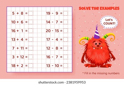 Solve the examples. Addition and subtraction up to 20. Mathematical puzzle game. Worksheet for preschool kids. Vector illustration. Cartoon educational game with cute monster for children.