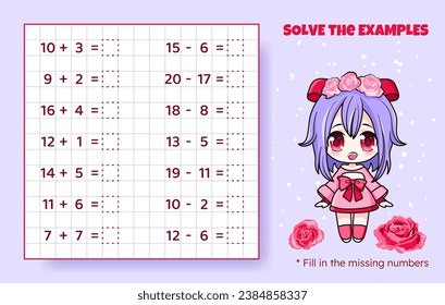 Solve the examples. Addition and subtraction up to 20. Mathematical puzzle game. Worksheet for preschool kids. Vector illustration. Cartoon educational game with cute anime girl for children.