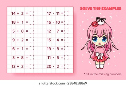 Solve the examples. Addition and subtraction up to 20. Mathematical puzzle game. Worksheet for preschool kids. Vector illustration. Cartoon educational game with cute anime girl for children.