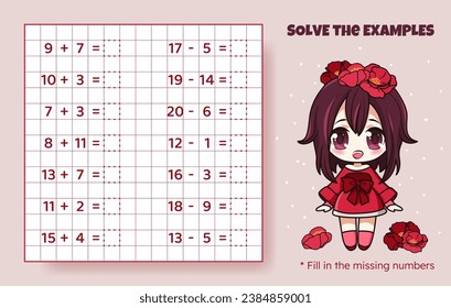 Solve the examples. Addition and subtraction up to 20. Mathematical puzzle game. Worksheet for preschool kids. Vector illustration. Cartoon educational game with cute anime girl for children.