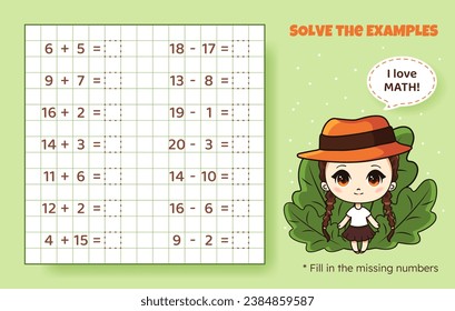 Solve the examples. Addition and subtraction up to 20. Mathematical puzzle game. Worksheet for preschool kids. Vector illustration. Cartoon educational game with cute anime girl for children.