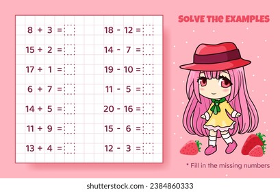 Solve the examples. Addition and subtraction up to 20. Mathematical puzzle game. Worksheet for preschool kids. Vector illustration. Cartoon educational game with cute anime girl for children.