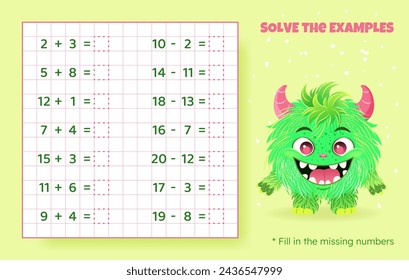 Solve the examples. Addition and subtraction up to 20. Mathematical puzzle game. Worksheet for school, preschool kids. Vector illustration. Cartoon educational game with cute monster for children.
