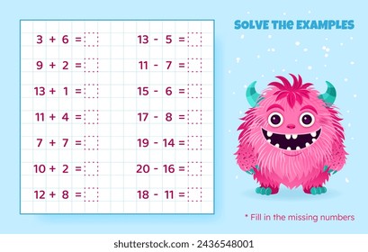 Solve the examples. Addition and subtraction up to 20. Mathematical puzzle game. Worksheet for school, preschool kids. Vector illustration. Cartoon educational game with cute monster for children.